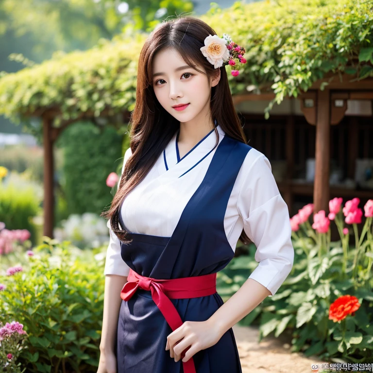 1 Beautiful young woman with long, flowing hair., Face with heavy makeup, clearly enhance beauty, Looking at the camera with sexy eyes, big breasts,In a dark red, dark blue dress., Standing in different poses in the flower garden.,There is an old, shabby Korean-style hut., beautiful south korean woman, ผู้หญิงในชุดสีแดงเข้มสีดำเข้มน้ำเงินเข้ม Hanfu, Korean girl, korean woman, korean Hanbok, beautiful young korean woman, korean woman, Hanbok, Japanese clothes, Hanfu, Hanbok apron, นางแบบแฟชั่นkorean woman, traditional chinese clothing Taken with a high quality camera 45,000,000,000 pixels 16k,,