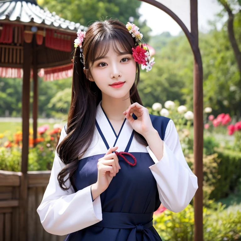1 Beautiful young woman with long, flowing hair., Face with heavy makeup, clearly enhance beauty, Looking at the camera with sexy eyes, big breasts,In a dark red, dark blue dress., Standing in different poses in the flower garden.,There is an old, shabby Korean-style hut., beautiful south korean woman, ผู้หญิงในชุดสีแดงเข้มสีดำเข้มน้ำเงินเข้ม Hanfu, Korean girl, korean woman, korean Hanbok, beautiful young korean woman, korean woman, Hanbok, Japanese clothes, Hanfu, Hanbok apron, นางแบบแฟชั่นkorean woman, traditional chinese clothing Taken with a high quality camera 45,000,000,000 pixels 16k,,