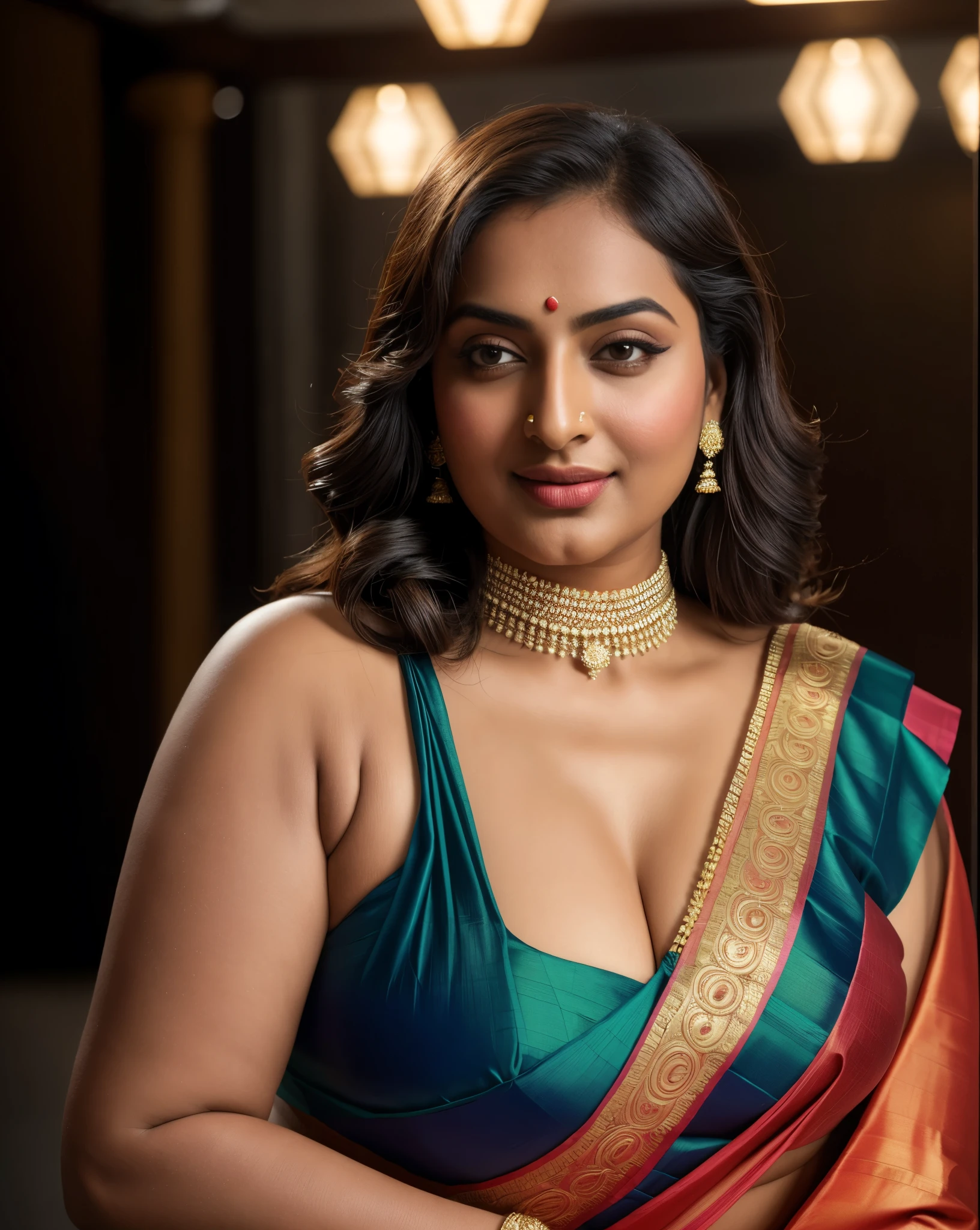 Foto RAW, photorealistic, photography, full body shot, master shot, perfect eyes, goddess like beauty, pierced eyes, perfect thick chubby mallu Desi aunty bhabhi, Wearing a Stanapatta, a chest-band.Saree model, model Photography, Indian saree shoot, Indian traditional wear advertising photography, traditional wear brand shoot, face of Indian actress Sonakshi Sinha, masterpiece, realistic, realism, incredible details,  pleasure, photorealism, detailed skin, skin pores, high contrast, photorealistic Artstation 8k HD digital art trend of high definition and detailed realistic skin texture, ultra detail, realistic skin texture, armature, best quality, ultra high definition, (photorealistic:1.4),, high resolution, detail, raw photo, sweat, Re sharp, by Lee Jefferies Nikon D850 Film Stock Photo 4 Kodak Portra 400 Camera F1.6 Lens Rich Color Ultra Real Realistic Realistic Textures Dramatic Lighting Unreal Engine Trending at Art Station Cinestill 800,(pele altamente detalhada: 1.2), 8k UHD, DSLR, soft-lighting, alta qualidade, grain of film, Fujifilm XT3,she didn't like to wear blouse or bra, she is happy to wear only saree, she hates blouse or bra, detailed hairy armpits, hyper realistic skin, skin pores, sweat, veins, 