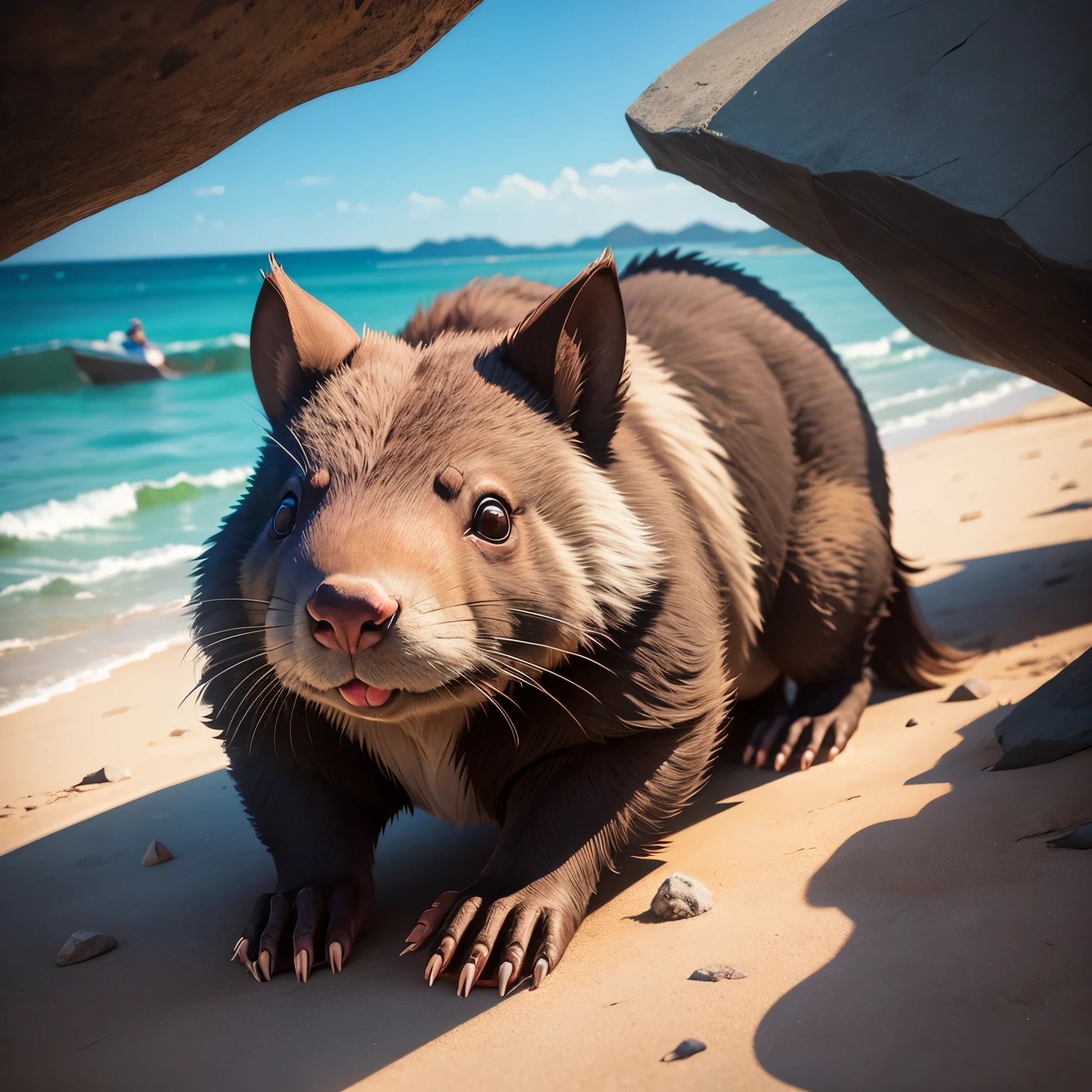 Make a logo of a party wombat that into traveling and rock climbing