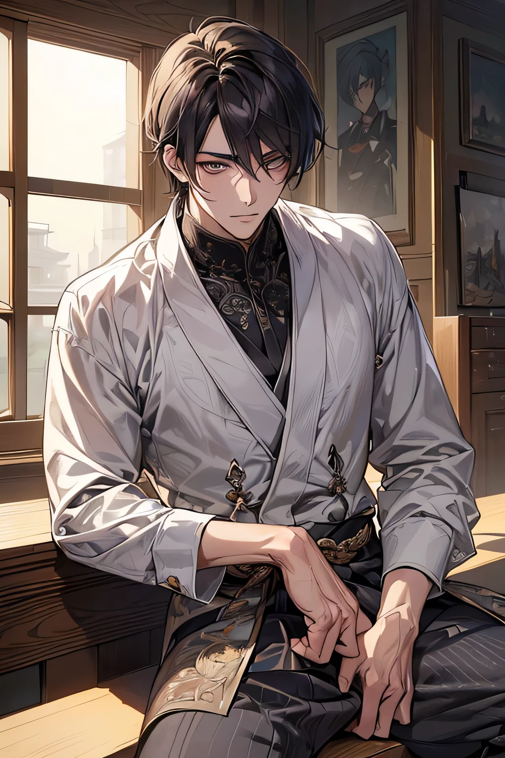(A close up of a person sitting on a window sill, immerse yourself in the intricacies of this scene, trending on pixiv, shin hanga, male anime style, in an anime style inspired by Yamagata Hiro's masterpiece,
(Ultra-detailed, high resolution, best quality rendition), nuanced expression etched onto his face, (anime style character) with sharp features and expressive eyes, impressive shading and finely detailed lines,
(Anime handsome man) poised perfectly, with a confident and alluring gaze, showcasing the depth and texture of his (ig studios anime style) creation, young and full of vitality