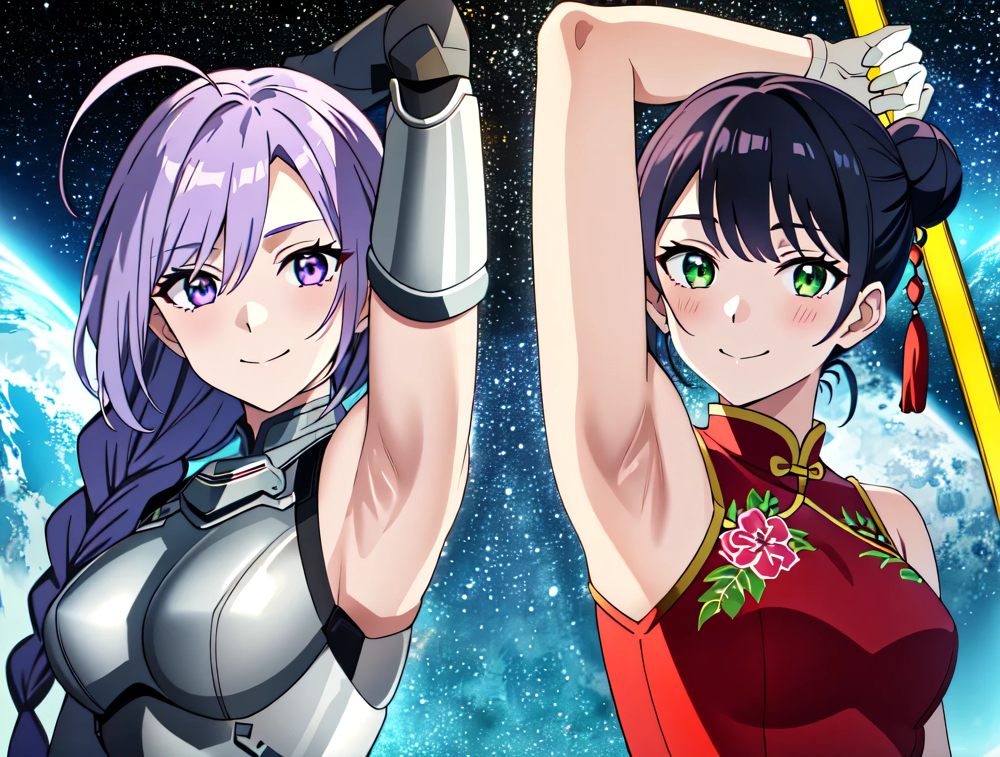 2girls, (purple-white hair:1.1), purple white gradient long hair, braids, twin braids, long braids, big braids, ahoge, purple eyes, light purple gloving, medium breasts, bodysuit, armored armored bodysuit, futuristic bodysuit, sleeveless, white and black bodysuit, breastplate, white breastplate, gloves, elbow gloves, white gloves, armored gloves, light smile, closed mouth, indifferent, kind, green eyes, medium breasts, dress, Chinese dress, red dress, qipao, cheongsam, print, flower print, sleeveless, bare hands, bare shoulders, short hair, hair buns, (black hair,:1.1), smile, holding a golden stuff. anime screencap, cosmic background, stars, frontlighting, masterpiece, absurdres, hdr, soft light, best quality, detailed, highres, shiny skin, shiny hair, (looking at viewer, eye contact with viewer:1.5), arm up, armpit, arm above head, arm behind head, from below, from side