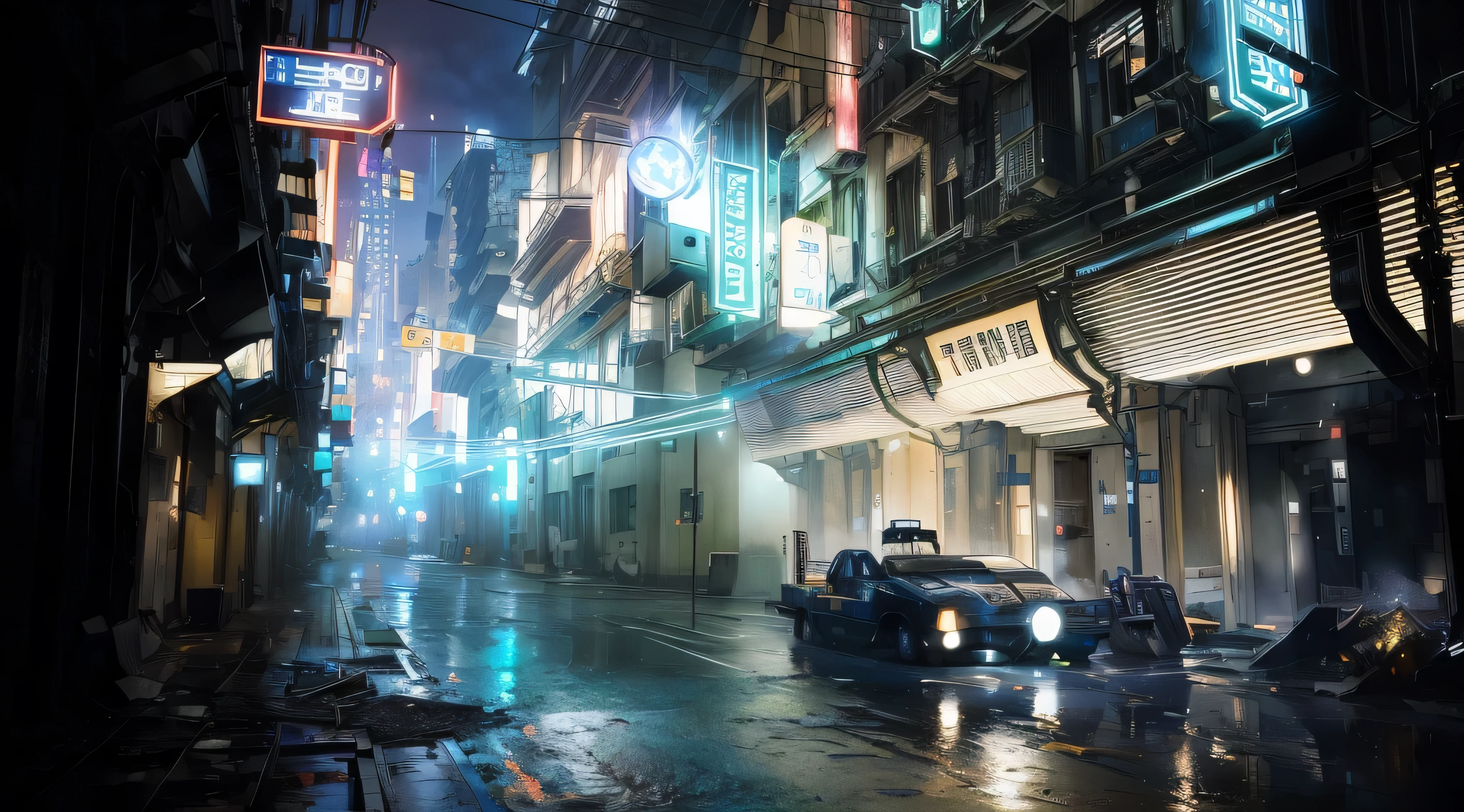 There&#39;s a car that&#39;s going down the street in the rain, sci-fi rua da cidade cyberpunk, arte cyberpunk de blade runner, rua da cidade cyberpunk, cidade cyberpunk hiper-realista, rua ciberpunk, rua ciberpunks at night, rua dieselpunk futurista, rua ciberpunk at night, Rua Noturna Cyberpunk, cidade chuvosa cyberpunk, blade runner fotorrealista, estilo cyberpunk hiper-realista, blade runner vibes