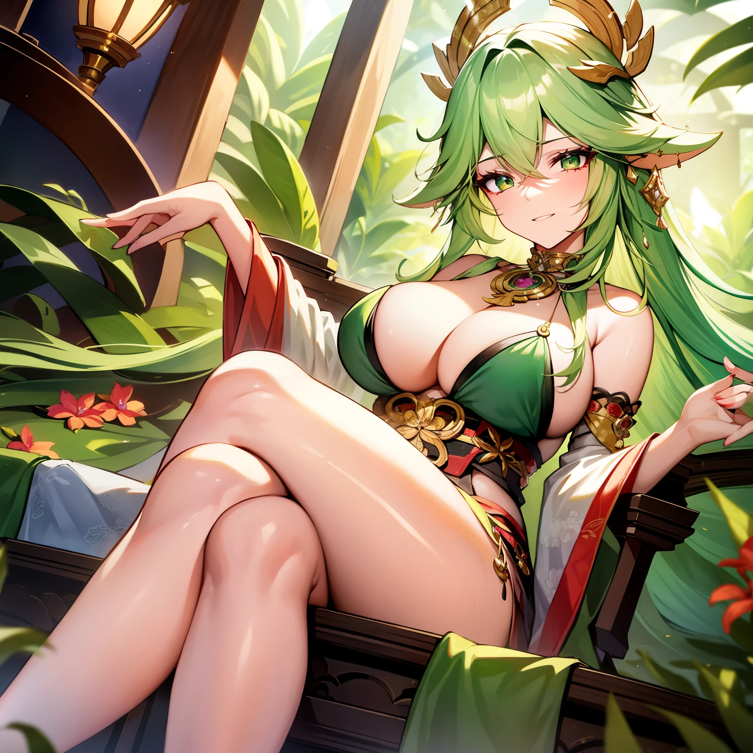 Hiedra, a captivating character with mesmerizing emerald eyes, is depicted in this enchanting image. She boasts long, cascading green hair, adorned with delicate flowers and vines. Her face is framed by lush, verdant bangs, adding to her ethereal beauty. A radiant smile plays on her lips, accompanied by a subtle blush, further highlighting her allure.

Set against the backdrop of a lush, tropical rainforest, Hiedra stands solo in a serene, indoor setting. Her perfect hands, with their intricately painted nail art, are poised gracefully, adding to the overall aesthetic appeal. Her skin