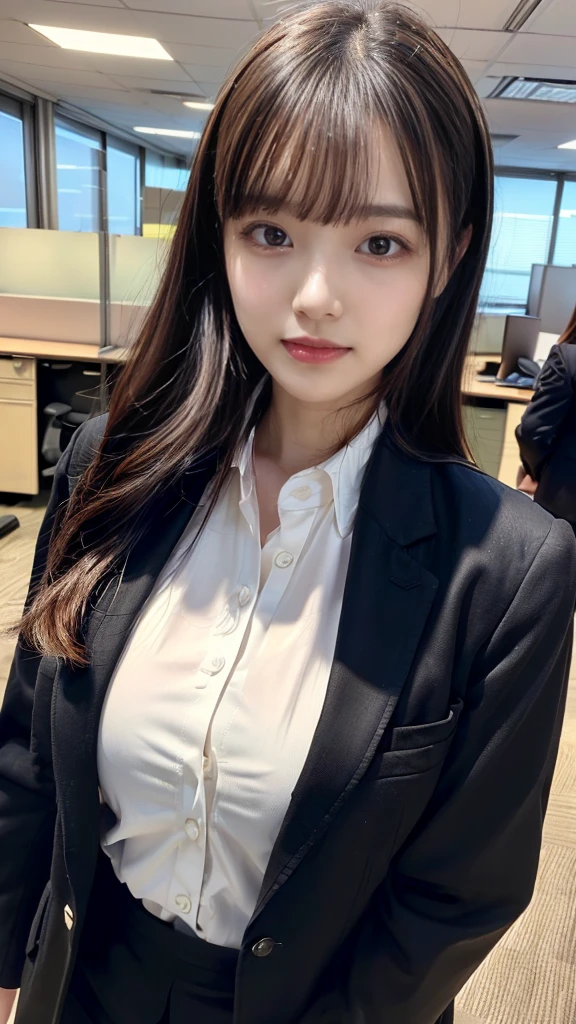 ((top-quality、8K、​masterpiece:1.3))、1girl in、Beautiful woman Standing in the house:1.3、long-haired、Colossal tits、(Office Lady, ,Suit, Black Suit,Black jacket, white shirt:1.5)、Super delicate face、Delicat eyes、double eyelid、Close-up of upper body from below
