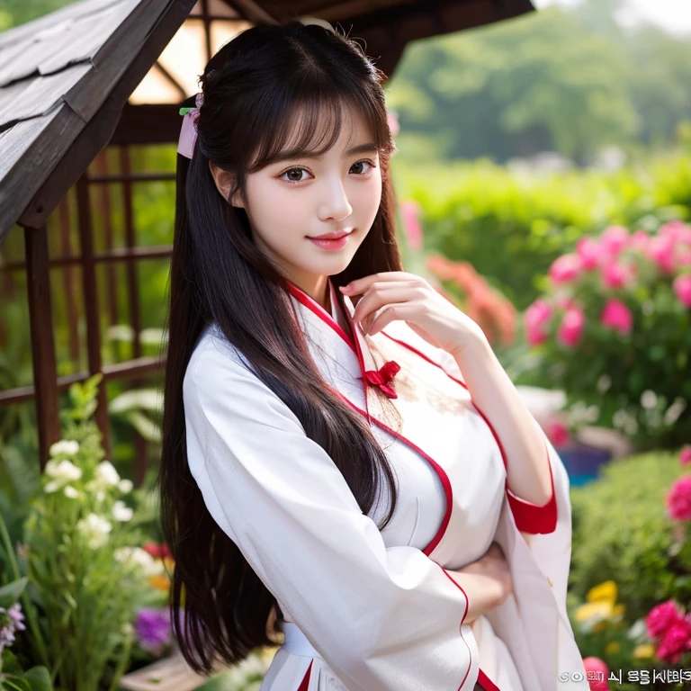 1 young woman aged 25 years, Beautiful, long, flowing hair, Face with heavy makeup, clearly enhance beauty, Looking at the camera with sexy eyes, big breasts,In a dark red, dark blue dress., Standing in different poses in the flower garden.,There is an old, shabby Korean-style hut., beautiful south korean woman, ผู้หญิงในชุดสีแดงเข้มสีดำเข้มน้ำเงินเข้ม Hanfu, Korean girl, korean woman, korean Hanbok, beautiful young korean woman, korean woman, Hanbok, Japanese clothes, Hanfu, Hanbok apron, นางแบบแฟชั่นkorean woman, traditional chinese clothing Taken with a high quality camera 45,000,000,000 pixels 16k,,