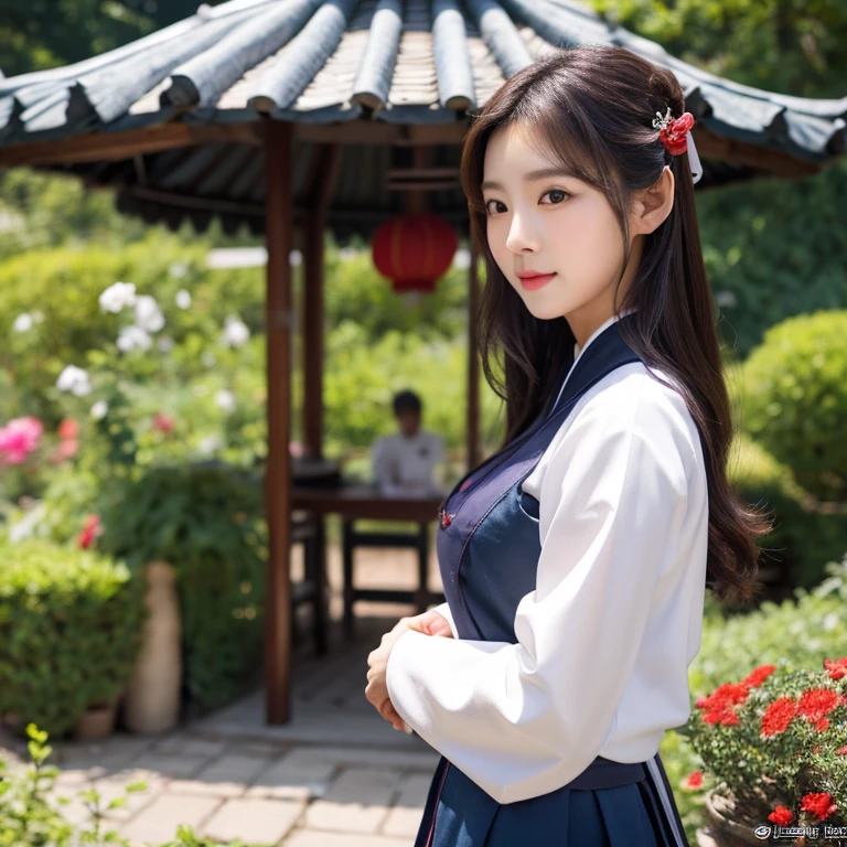 1 young woman aged 25 years, Beautiful, long, flowing hair, Face with heavy makeup, clearly enhance beauty, Looking at the camera with sexy eyes, big breasts,In a dark red, dark blue dress., Standing in different poses in the flower garden.,There is an old, shabby Korean-style hut., beautiful south korean woman, ผู้หญิงในชุดสีแดงเข้มสีดำเข้มน้ำเงินเข้ม Hanfu, Korean girl, korean woman, korean Hanbok, beautiful young korean woman, korean woman, Hanbok, Japanese clothes, Hanfu, Hanbok apron, นางแบบแฟชั่นkorean woman, traditional chinese clothing Taken with a high quality camera 45,000,000,000 pixels 16k,,