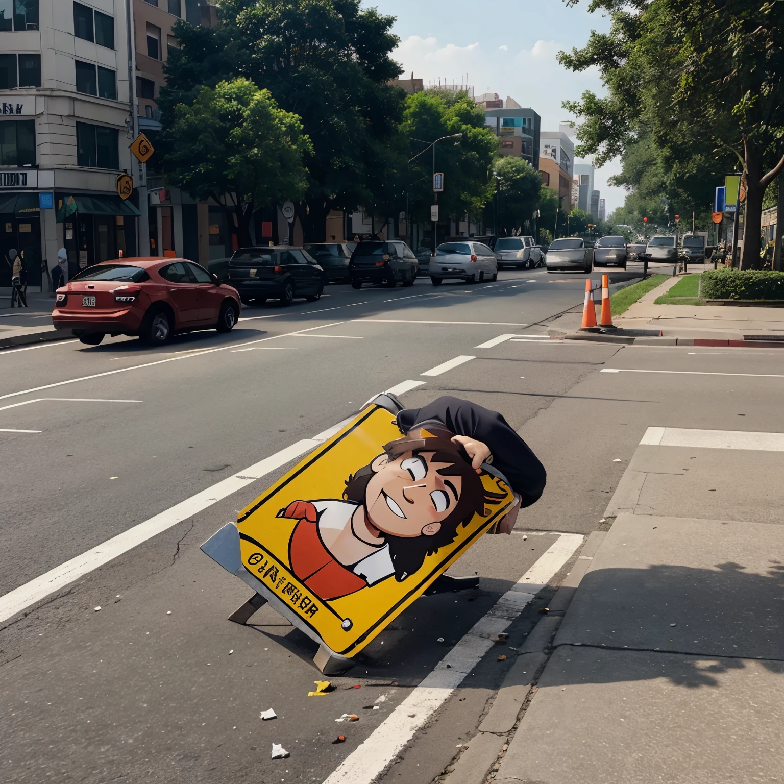 Create a cartoon of a  crushed by a traffic sign 