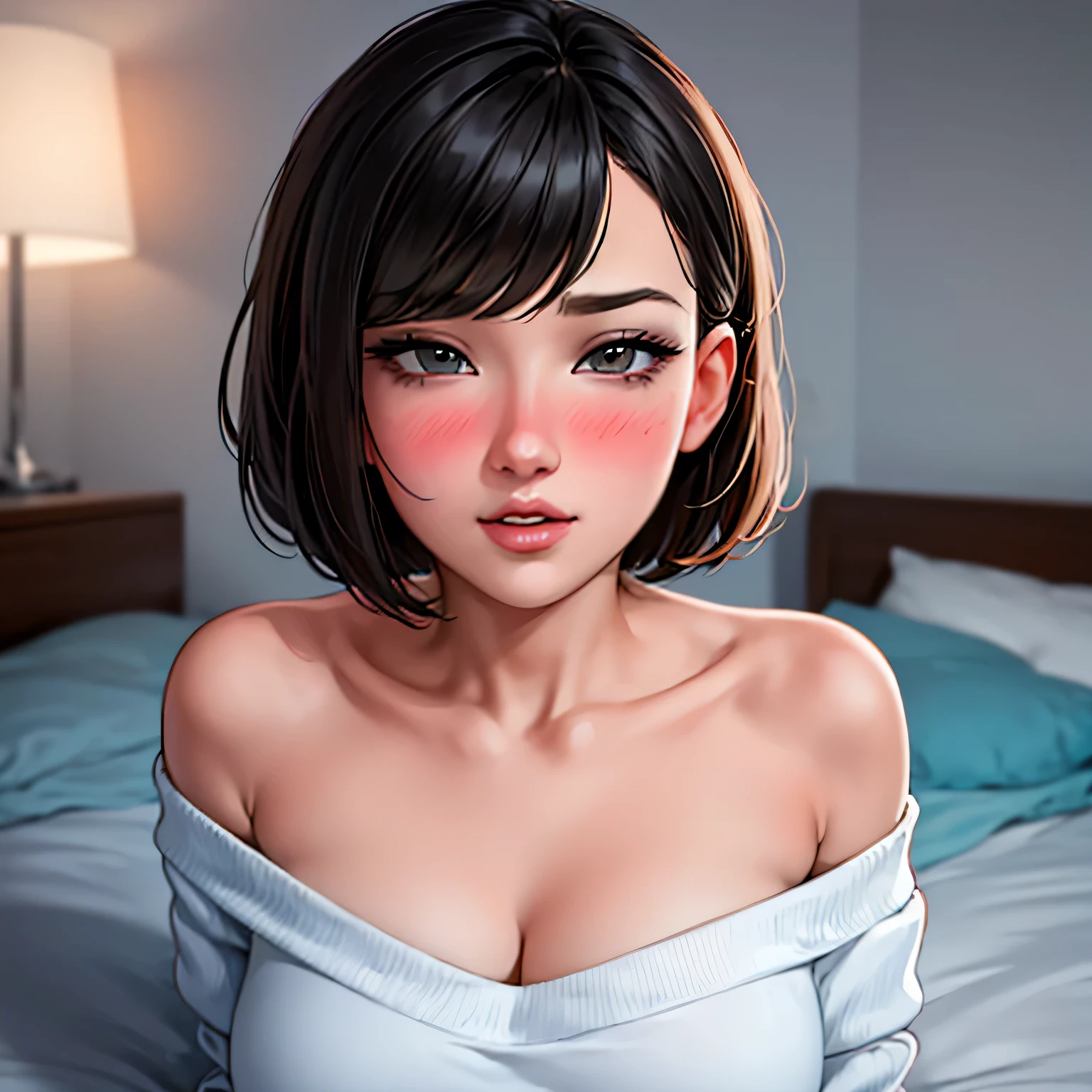 Amazing portrait of a sexy and cute girl with a short bob hairstyle and a seductive gaze who is blushing intensely with parted lips and is desperate and flustered and lustful wearing an off shoulder orange t shirt showcasing her bare shoulder while lying on bed