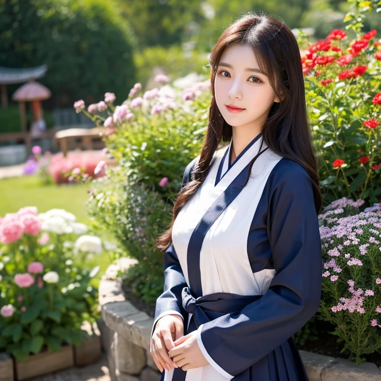 1 young woman aged 25 years, Beautiful, long, flowing hair, Face with heavy makeup, clearly enhance beauty, Looking at the camera with sexy eyes, Open your legs., big breasts,In a dark red, dark blue dress., Standing in different poses in the flower garden.,There is an old, shabby Korean-style hut., beautiful south korean woman, ผู้หญิงในชุดสีแดงเข้มสีดำเข้มน้ำเงินเข้ม Hanfu, Korean girl, korean woman, korean Hanbok, beautiful young korean woman, korean woman, Hanbok, Japanese clothes, Hanfu, Hanbok apron, นางแบบแฟชั่นkorean woman, traditional chinese clothing Taken with a high quality camera 45,000,000,000 pixels 16k,,