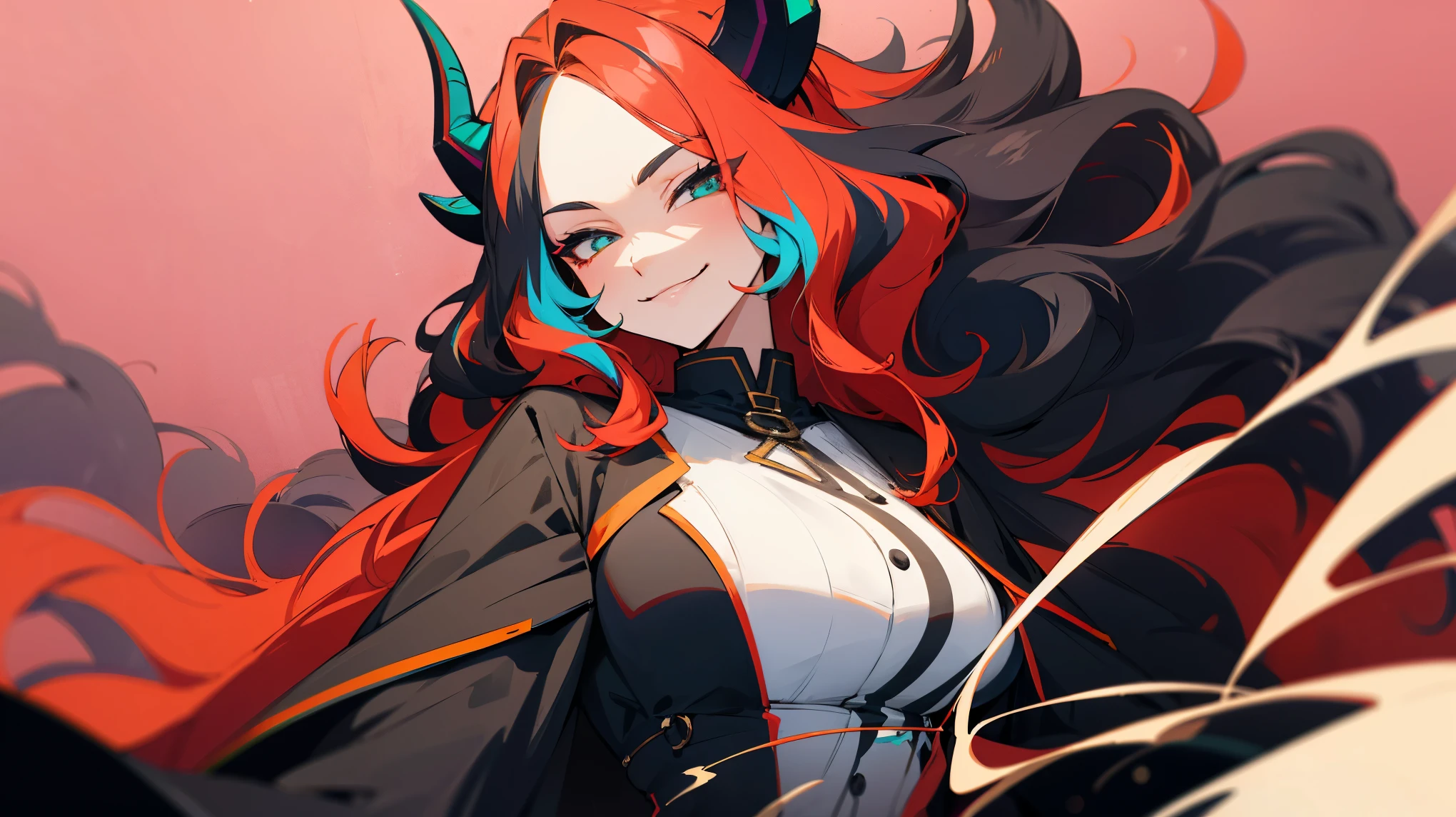 random colored horns, multi colored hair, random colored hair, black outfit, smirk, long wavy hair, mature woman