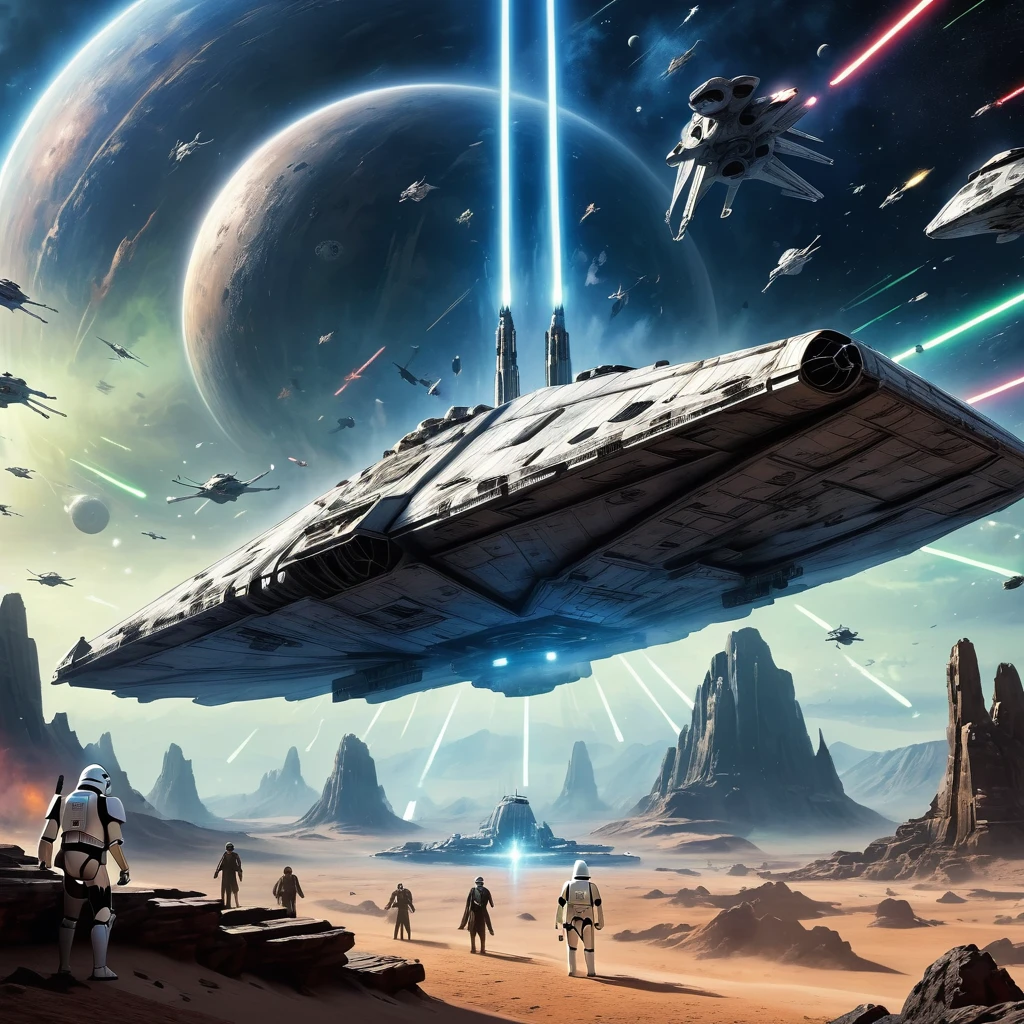 (best quality,4k,8k,highres,masterpiece:1.2),ultra-detailed,realistic:1.37,sci-fi,landscape,Star Wars,intergalactic battle,spacecraft,futuristic,lightsabers,explosions,alien creatures,imperial army,rebels,stormtroopers,cosmic backdrop,galactic war,millennium falcon,action-packed,mysterious power,the force,powerful jedi,sith lords,breathtaking visuals,otherworldly planet,starfighters,dark side vs. light side,epic duel,iconic characters,droids,rebels vs. empire,alien worlds,colorful lights,galaxy far, far away,hyperdrive,holographic messages,dark atmosphere,otherworldly weapons,laser blasts,star destroyer,force field,extraterrestrial creatures,adventure in space