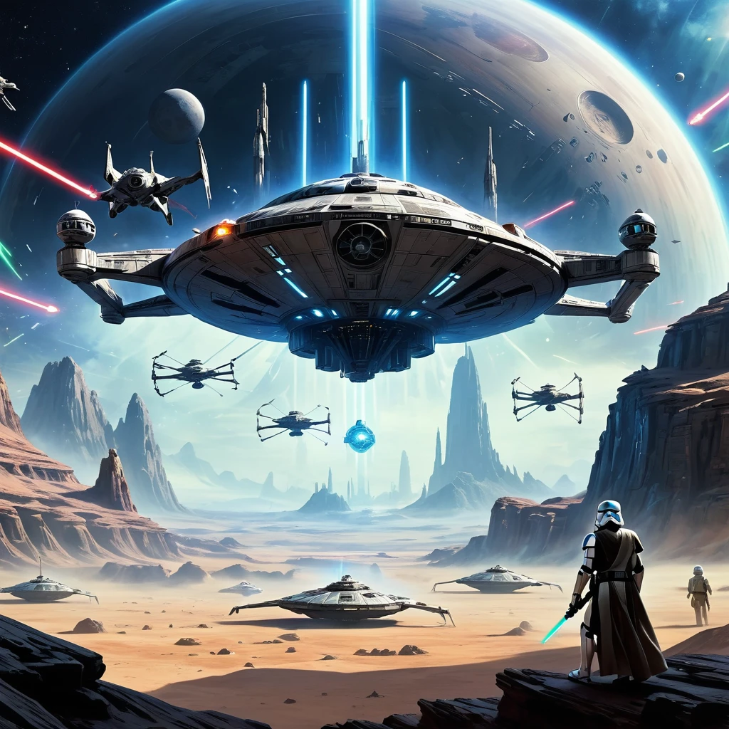 (best quality,4k,8k,highres,masterpiece:1.2),ultra-detailed,realistic:1.37,sci-fi,landscape,Star Wars,intergalactic battle,spacecraft,futuristic,lightsabers,explosions,alien creatures,imperial army,rebels,stormtroopers,cosmic backdrop,galactic war,millennium falcon,action-packed,mysterious power,the force,powerful jedi,sith lords,breathtaking visuals,otherworldly planet,starfighters,dark side vs. light side,epic duel,iconic characters,droids,rebels vs. empire,alien worlds,colorful lights,galaxy far, far away,hyperdrive,holographic messages,dark atmosphere,otherworldly weapons,laser blasts,star destroyer,force field,extraterrestrial creatures,adventure in space
