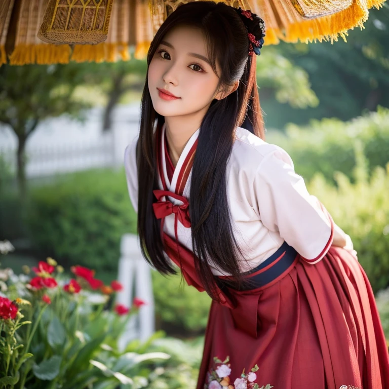 ung woman aged 25 years, Beautiful, long, flowing hair, Face with heavy makeup, clearly enhance beauty, Looking at the camera with sexy eyes, open legs, Big, bouncy breasts,In a dark red, dark blue dress., Standing in different poses in the flower garden.,There is an old, shabby Korean-style hut., beautiful south korean woman, ผู้หญิงในชุดสีแดงเข้มสีดำเข้มน้ำเงินเข้ม Hanfu, Korean girl, korean woman, korean Hanbok, beautiful young korean woman, korean woman, Hanbok, Japanese clothes, Hanfu, Hanbok apron, นางแบบแฟชั่นkorean woman, traditional chinese clothing Taken with a high quality camera 45,000,000,000 pixels 16k,,