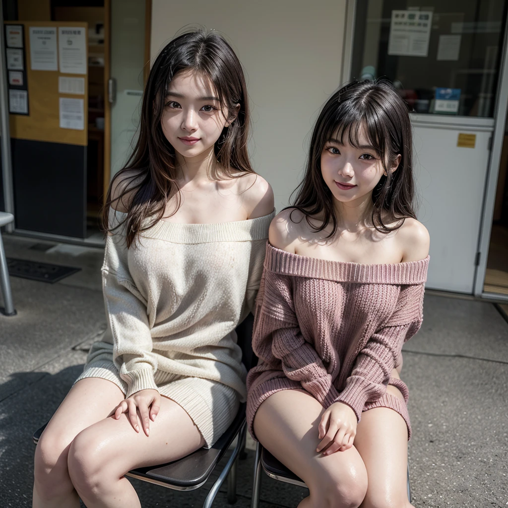8K, best quality, masterpiece, three-dimensional feeling, Reality, female student, raised sexy, looking at viewer, Chinese face, delicate facial features, with short black hair, messy hair, smile, being red in the face , white skin in red, beautiful legs, average height, with good figure, off-shoulder sweater, extra-long sweater, medium breasts, looming, there is sweat, the whole person is sitting in a chair, outside on the streets of Japan, the background is real, with the whole body visible, frontal shot, SLR shot,