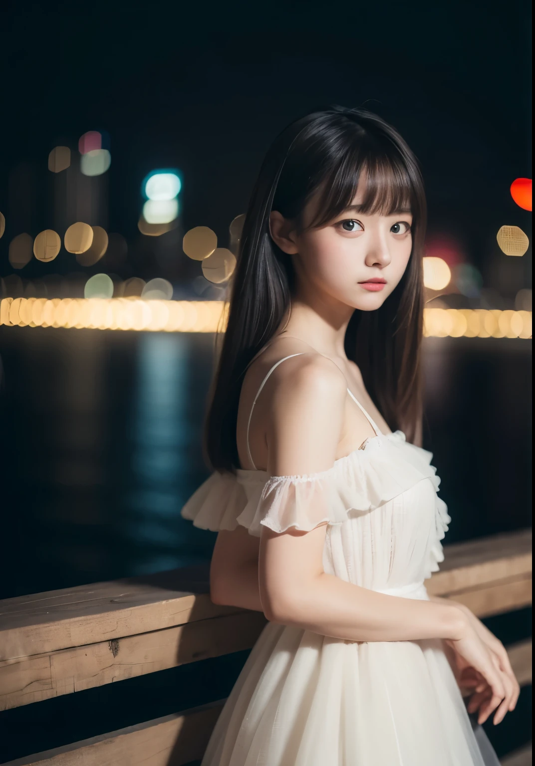 the Extremely Detailed CG Unity 8K Wallpapers、top-quality、ultra-detailliert、​masterpiece、Fixed focus lens, Full body portrait、Sheer white ruffled dress、realisitic、Photo Real、extremely detailed cute girl、solo、sixteen years old、side glance, Melancholy look, background of night view, A dark-haired, out of focus、blur、f1.2,