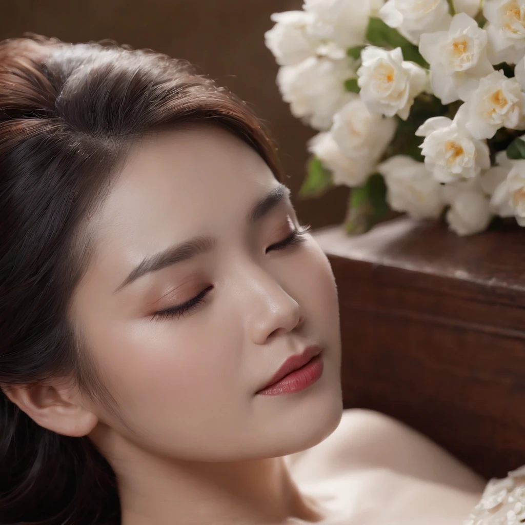 (best quality,4k,8k,highres,masterpiece:1.2), beautiful Chinese woman, lying inside a coffin, adorned with flowers, in a peaceful and serene slumber, lifeless yet breathtaking, untouched by the passage of time, elegant and dignified, capturing her beauty forever, a moment frozen in eternity, a poignant tribute.