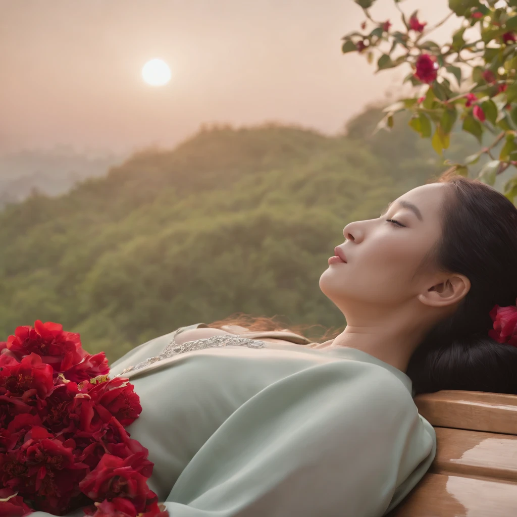 (best quality,4k,8k,highres,masterpiece:1.2), beautiful Chinese woman, lying inside a coffin, adorned with flowers, in a peaceful and serene slumber, lifeless yet breathtaking, untouched by the passage of time, elegant and dignified, capturing her beauty forever, a moment frozen in eternity, a poignant tribute.