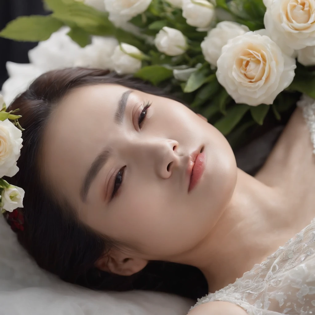 (best quality,4k,8k,highres,masterpiece:1.2), beautiful Chinese woman, lying inside a coffin, adorned with flowers, in a peaceful and serene slumber, lifeless yet breathtaking, untouched by the passage of time, elegant and dignified, capturing her beauty forever, a moment frozen in eternity, a poignant tribute.