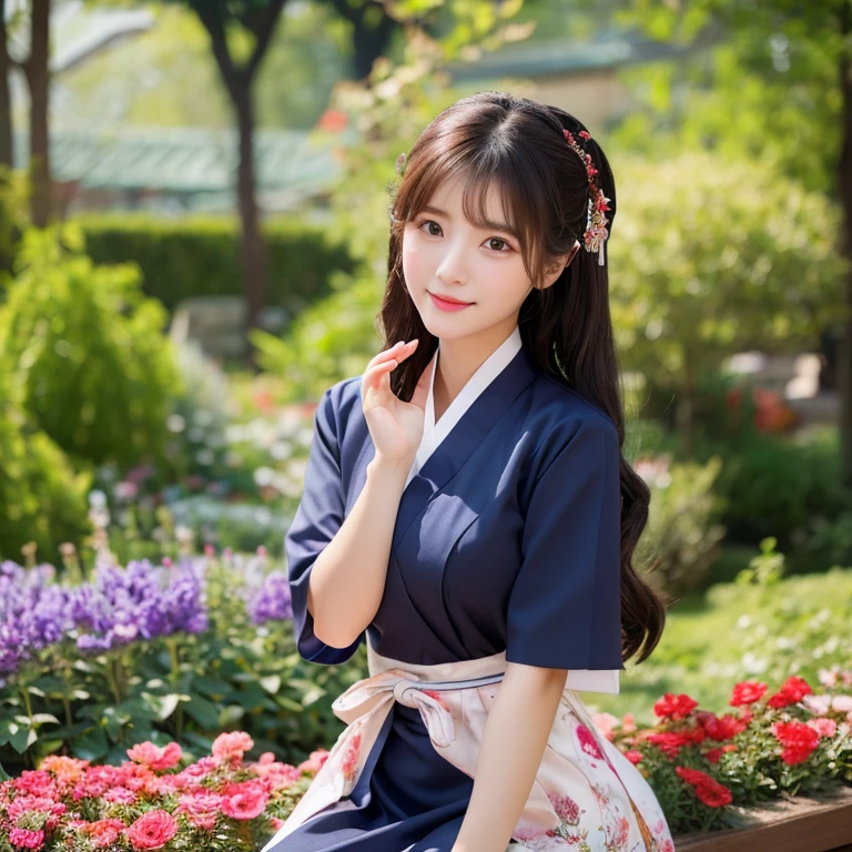 1 young woman aged 25 years, Beautiful, long, flowing hair, Face with heavy makeup, clearly enhance beauty, Looking at the camera with sexy eyes, open legs, Big, bouncy breasts,In a dark red, dark blue dress., Standing in different poses in the flower garden.,There is an old, shabby Korean-style hut., beautiful south korean woman, ผู้หญิงในชุดสีแดงเข้มสีดำเข้มน้ำเงินเข้ม Hanfu, Korean girl, korean woman, korean Hanbok, beautiful young korean woman, korean woman, Hanbok, Japanese clothes, Hanfu, Hanbok apron, นางแบบแฟชั่นkorean woman, traditional chinese clothing Taken with a high quality camera 45,000,000,000 pixels 16k,,