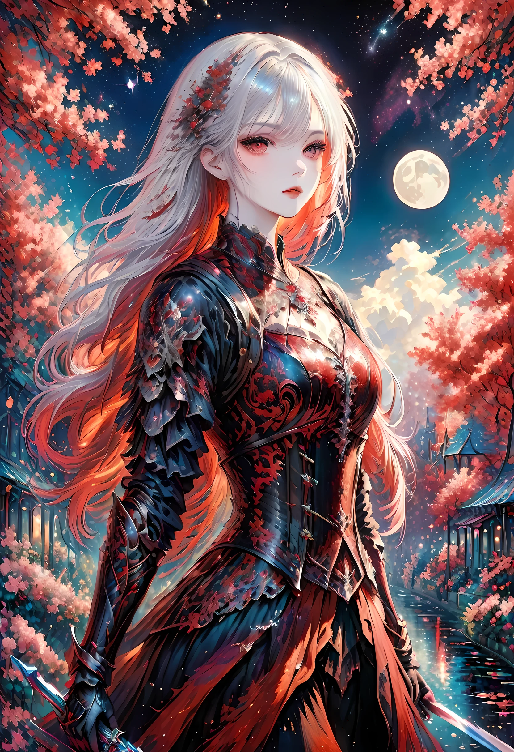 (Claude Monet Style:1.5)Arafed, dark fantasy art, gothic art, a picturק of a vampire ready for battle, female vampire, armed with a sword, wearing heavy armor , armed with a sword, shining sword, ultra detailed face (intricate detailed, Masterpiece, best quality: 1.4), pale skin, glowing eyes, red eyes, ultra feminine, pale skin, dynamic hair, dark fantasy urban street (intricate detailed, Masterpiece, best quality: 1.4), moon light, star light, clouds, cybrk, RagingNebula, 
