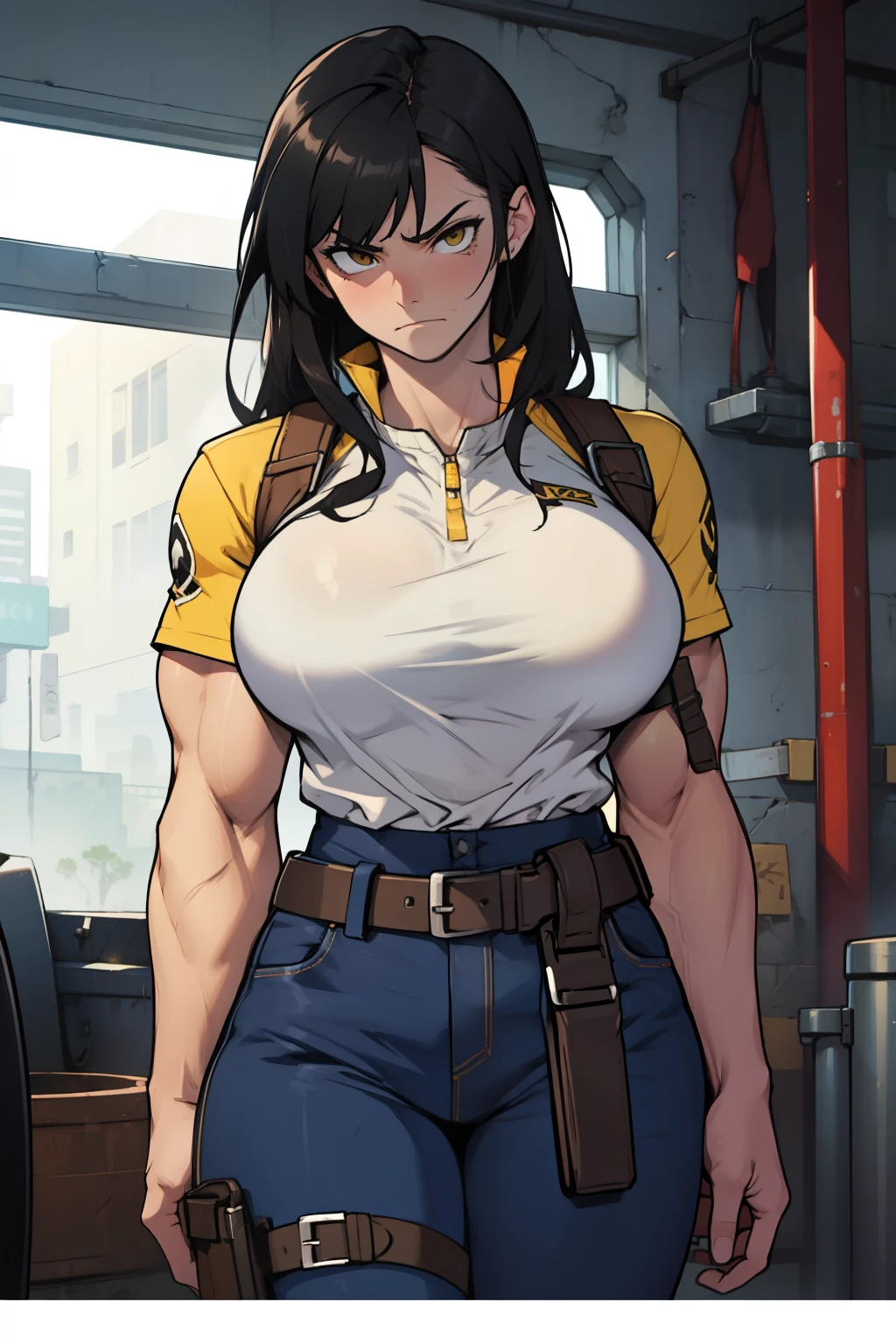 huge breasts huge breasts huge breasts muscular muscular muscular thick thick thick black hair yellow eyes pale skin female sad frown holster