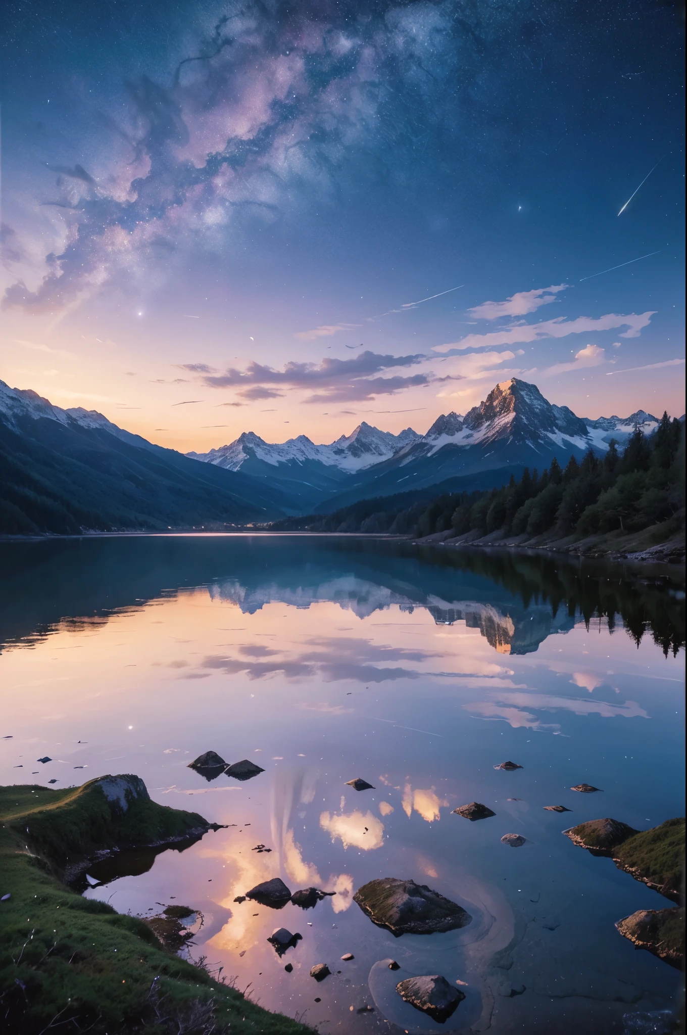 Beautiful view, The best scenery, ocean, starry sky, cloud, moon, nighttime, star light, reflection, star, mountain, forest, Realistic 1:2, mountain range, bird, tranquil landscape, Quiet view, purple sky
