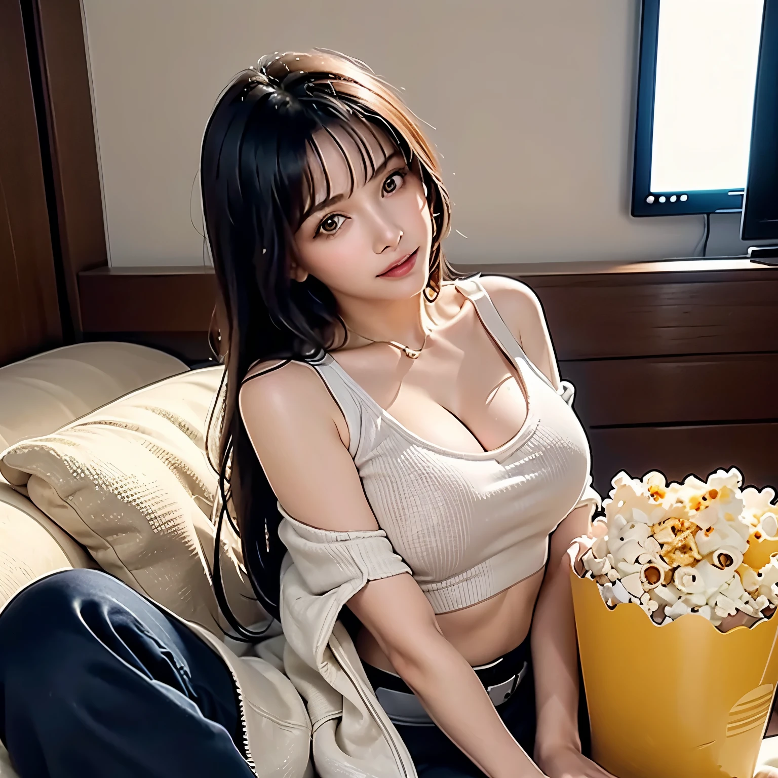 photo of monica, busty, [cozy outfit with a blanket and popcorn], [[sitting on a couch with a TV in the background]]