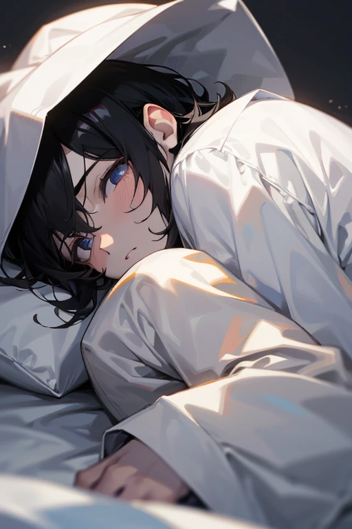 black haired boy, drowsy eyes, pale face