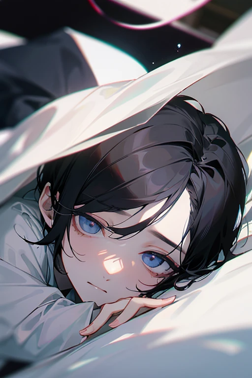 black haired boy, drowsy eyes, pale face