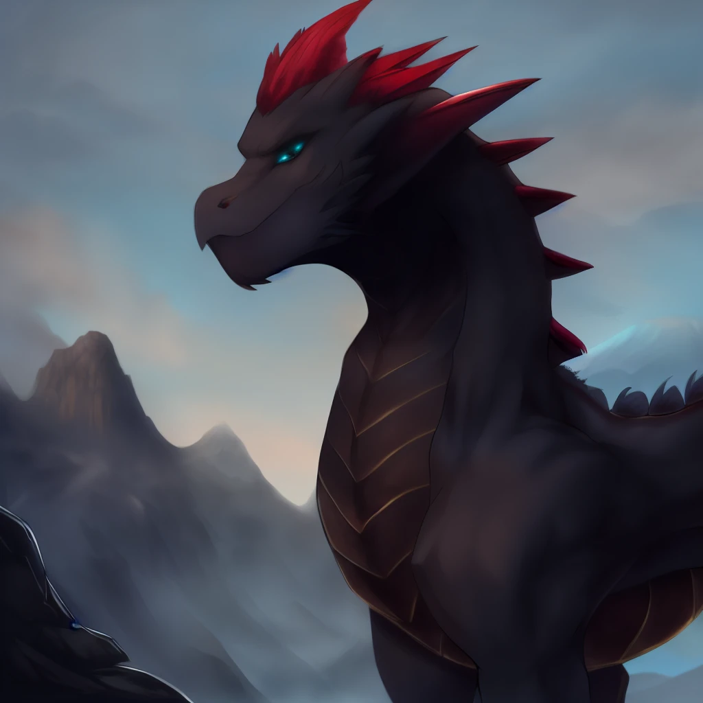 the Dragon, male,wing, Landscape, creaf, dark gray mane, dark brown coat color, turquoise eyes, no Insignia ,dark fantasy aesthetics, one full length, without items of clothing