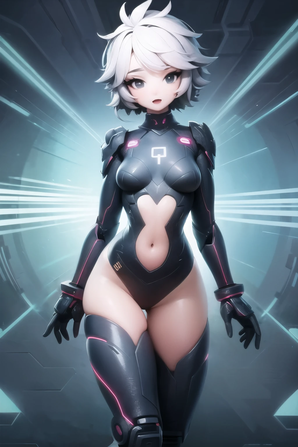 1 sexy woman, short white hair, fair skin, black eyes, body similar to Sydney Sweeney's. Wearing a futuristic cyber combat clothes. High quality image, with Ensure the background of the image is a solid, neutral color