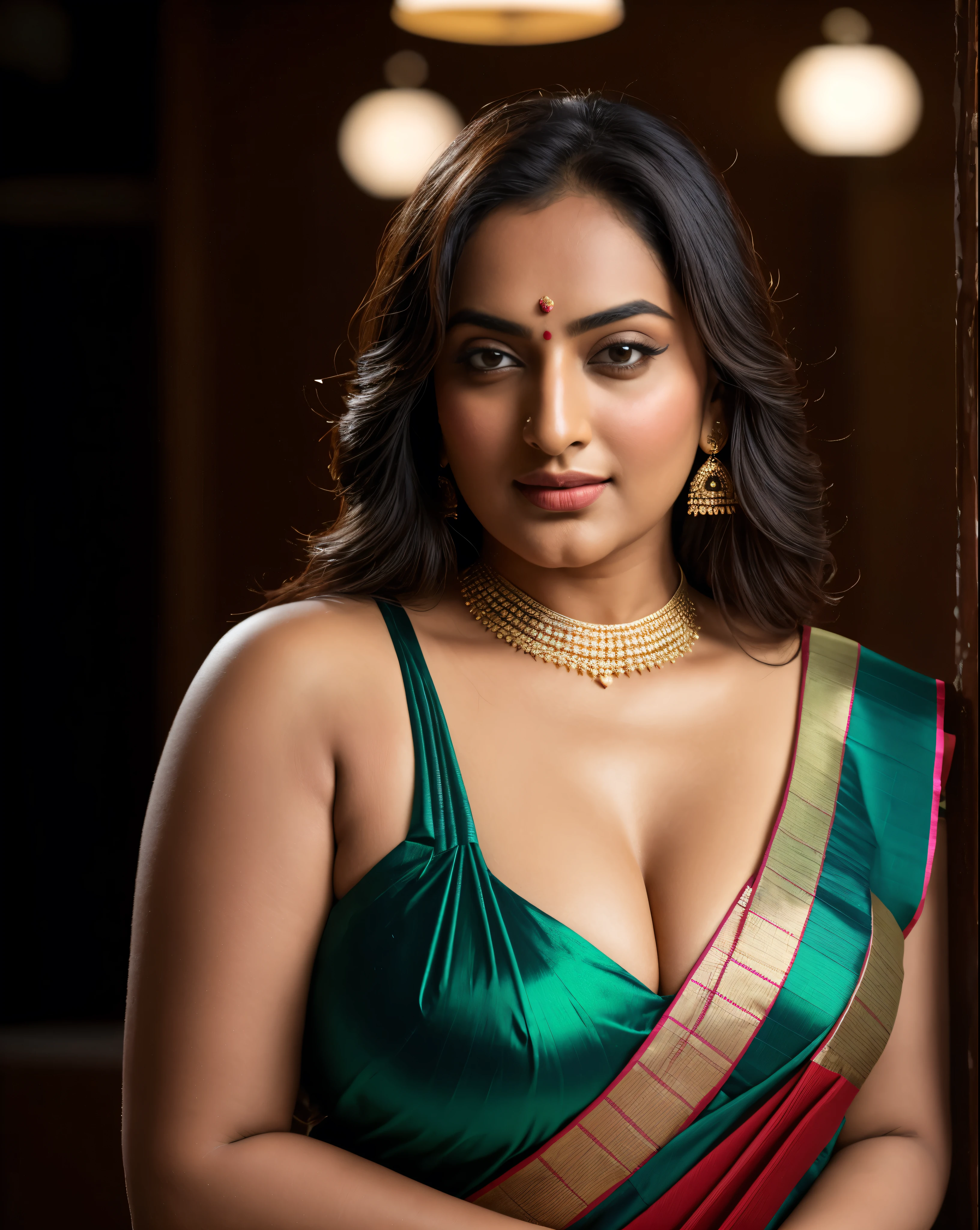 Foto RAW, photorealistic, photography, full body shot, master shot, perfect eyes, goddess like beauty, pierced eyes, perfect thick chubby mallu Desi aunty bhabhi, Wearing a Stanapatta, a chest-band.Saree model, model Photography, Indian saree shoot, Indian traditional wear advertising photography, traditional wear brand shoot, face of Indian actress Sonakshi Sinha, masterpiece, realistic, realism, incredible details,  pleasure, photorealism, detailed skin, skin pores, high contrast, photorealistic Artstation 8k HD digital art trend of high definition and detailed realistic skin texture, ultra detail, realistic skin texture, armature, best quality, ultra high definition, (photorealistic:1.4),, high resolution, detail, raw photo, sweat, Re sharp, by Lee Jefferies Nikon D850 Film Stock Photo 4 Kodak Portra 400 Camera F1.6 Lens Rich Color Ultra Real Realistic Realistic Textures Dramatic Lighting Unreal Engine Trending at Art Station Cinestill 800,(pele altamente detalhada: 1.2), 8k UHD, DSLR, soft-lighting, alta qualidade, grain of film, Fujifilm XT3,she didn't like to wear blouse or bra, she is happy to wear only saree, she hates blouse or bra, detailed hairy armpits, hyper realistic skin, skin pores, sweat, veins, 