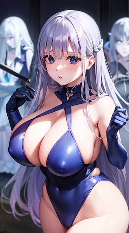 Laquadia, Blue Lips,Big Breasts,jewelry,Gray Hair、Long Hair、High resolution、high quality、Long gloves、Blue swimsuit、青いLong gloves、超High resolution, (Film Grain: 1.4)、very, very big breasts、Troubled face、Nipple Pochi
