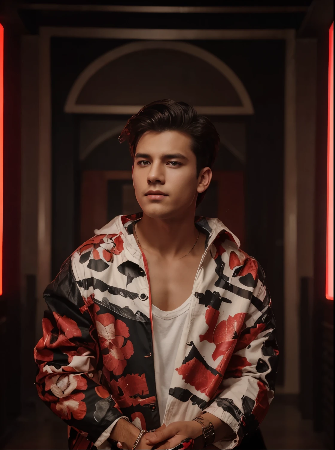 Change background is red light and black color jacket shirt and hair styles and day click photo handsome boy cute boy realistic face hd photo ultra high quality 4k photo