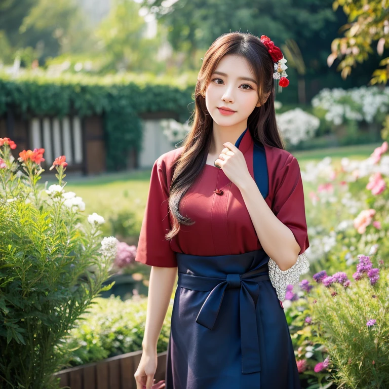1 young woman aged 40 years, Beautiful, long, flowing hair, Face with heavy makeup, clearly enhance beauty, Looking at the camera with sexy eyes, big breasts,In a dark red, dark blue dress., Standing, walking, different actions, In a flower garden,There is an old, shabby Korean-style hut., beautiful south korean woman, ผู้หญิงในชุดสีแดงเข้มสีดำเข้มน้ำเงินเข้ม Hanfu, Korean girl, korean woman, korean Hanbok, beautiful young korean woman, korean woman, Hanbok, Japanese clothes, Hanfu, Hanbok apron, นางแบบแฟชั่นkorean woman, traditional chinese clothing Taken with a high quality camera 45,000,000,000 pixels 16k,,