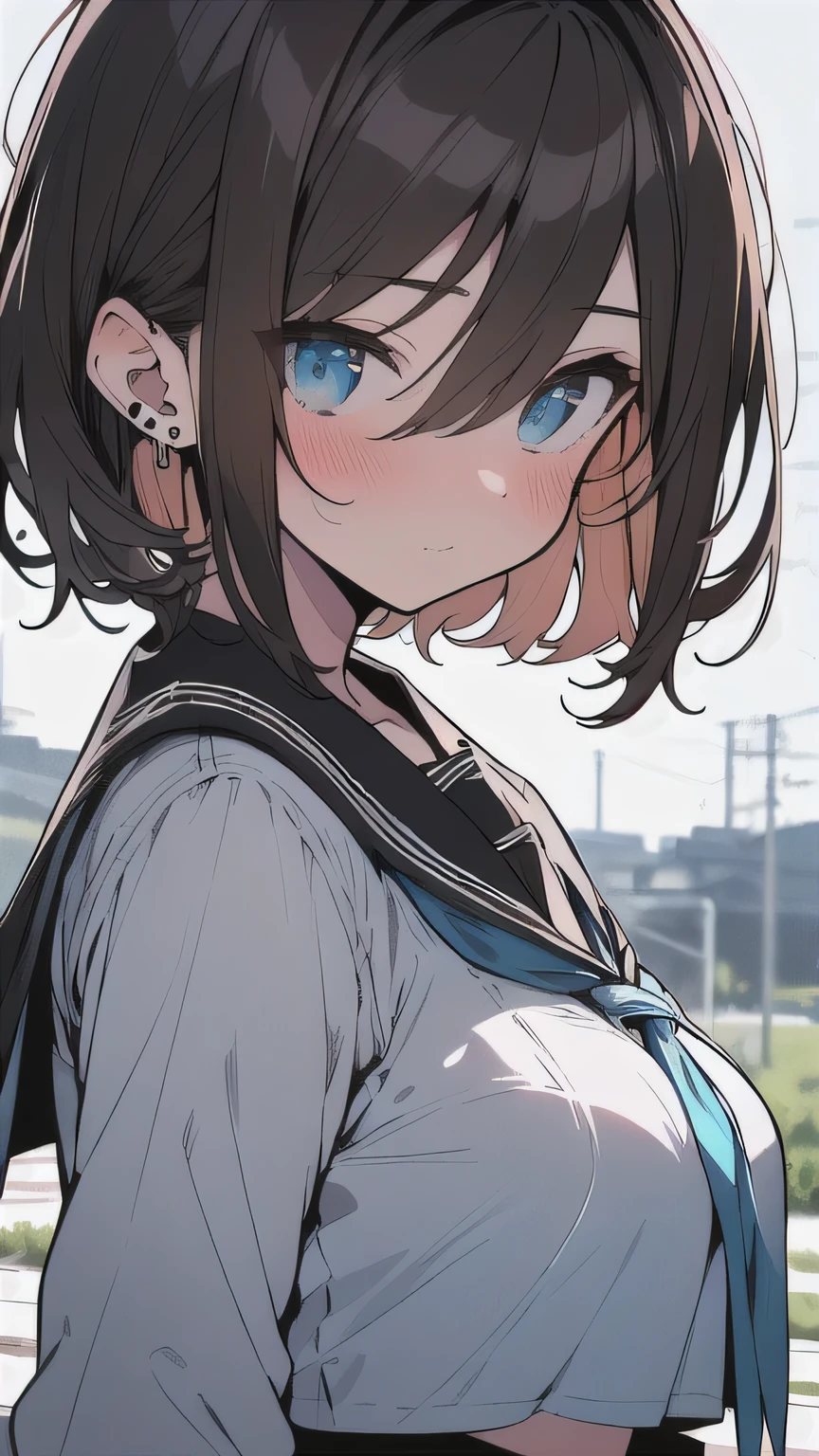 (best quality), (Super detailed), (Best Illustration), (masterpiece), (woman), high contrast, {(serafuku:1.2)}, (large breasts), {brown hair, (sideburns), (bob cut:1.3), curly hair, hairs between eyes, colored inner hair}, {(detailed eyes), blue eyes}, blush, earring, wind, (train)