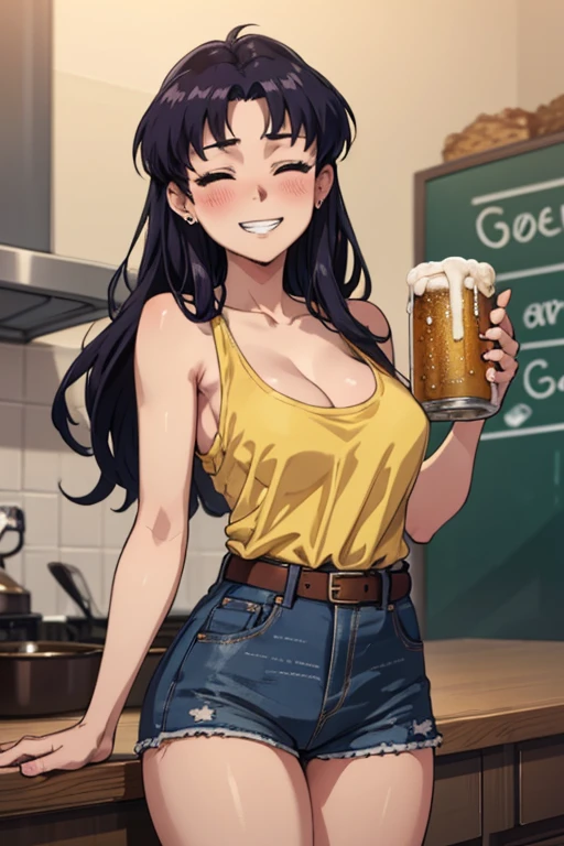 masterpiece, best quality, misato, black eyes, parted bangs, long hair, earrings, yellow tank top, belt, denim shorts, large breasts, cowboy shot, blush, closed eyes, grin, holding beer, kitchen