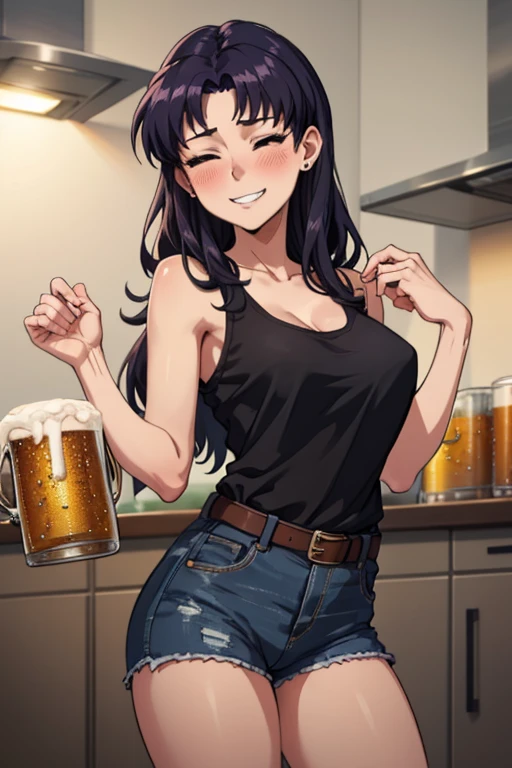 masterpiece, best quality, misato, black eyes, parted bangs, long hair, earrings, yellow tank top, belt, denim shorts, large breasts, cowboy shot, blush, closed eyes, grin, holding beer, kitchen