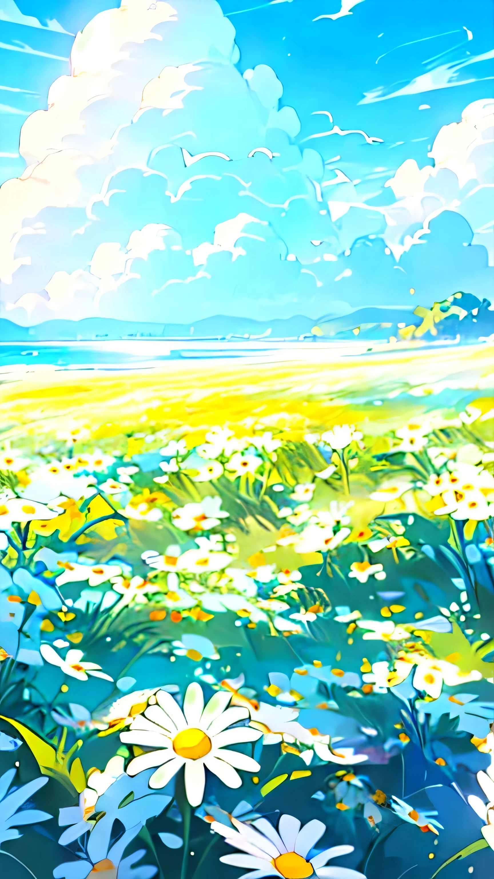 no humans, outdoors, flower, scenery, field, sky, white flower, day, horizon, ocean, flower field, yellow flower, colorful flowers, blue sky, daisy, landscape, cloud, water, (illustration:1.0), masterpiece, best quality, 