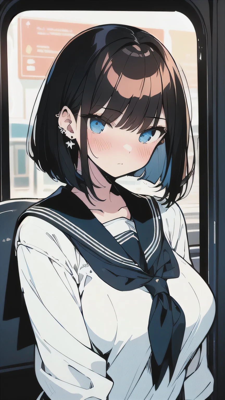 (best quality), (Super detailed), (Best Illustration), (masterpiece), (woman), high contrast, {(serafuku:1.2)}, (large breasts), {brown hair, (sideburns), (bob cut:1.3), curly hair, hairs between eyes, colored inner hair}, {(detailed eyes), blue eyes}, blush, earring, wind, (in train)