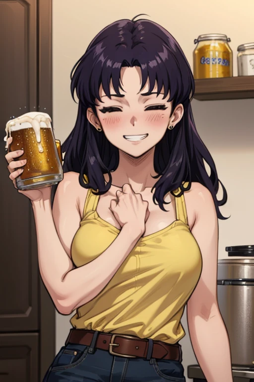 masterpiece, best quality, misato, black eyes, parted bangs, long hair, earrings, yellow tank top, belt, denim shorts, large breasts, cowboy shot, blush, closed eyes, grin, holding beer, kitchen