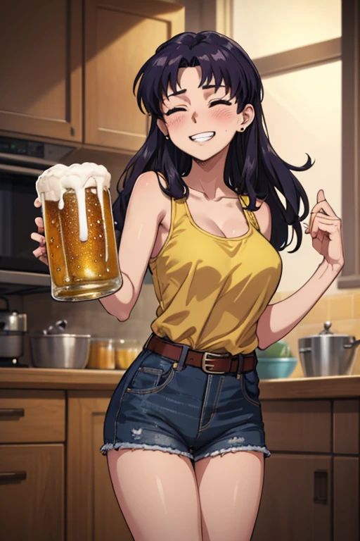 masterpiece, best quality, misato, black eyes, parted bangs, long hair, earrings, yellow tank top, belt, denim shorts, large breasts, cowboy shot, blush, closed eyes, grin, holding beer, kitchen