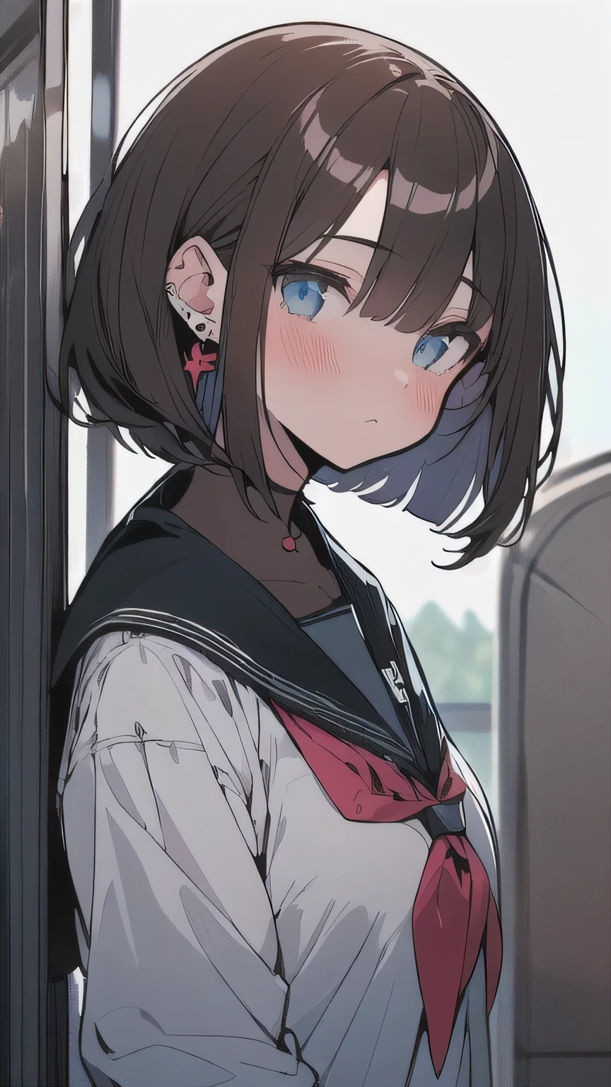 (best quality), (Super detailed), (Best Illustration), (masterpiece), (woman), high contrast, {(serafuku:1.2)}, (large breasts), {brown hair, (sideburns), (bob cut:1.3), curly hair, hairs between eyes, colored inner hair}, {(detailed eyes), blue eyes}, blush, earring, wind, (in train)