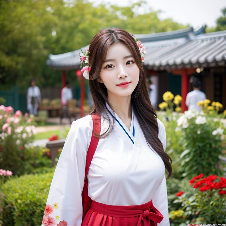 ung woman aged 40 years, Beautiful, long, flowing hair,Wear beautiful, rich jewelry., Face with heavy makeup, clearly enhance beauty, Looking at the camera with sexy eyes, big breasts,In a dark red, dark blue dress., Standing, walking, different actions, In a flower garden,There is an old, shabby Korean-style hut., beautiful south korean woman, ผู้หญิงในชุดสีแดงเข้มสีดำเข้มน้ำเงินเข้ม Hanfu, Korean girl, korean woman, korean Hanbok, beautiful young korean woman, korean woman, Hanbok, Japanese clothes, Hanfu, Hanbok apron, นางแบบแฟชั่นkorean woman, traditional chinese clothing Taken with a high quality camera 45,000,000,000 pixels 16k,,