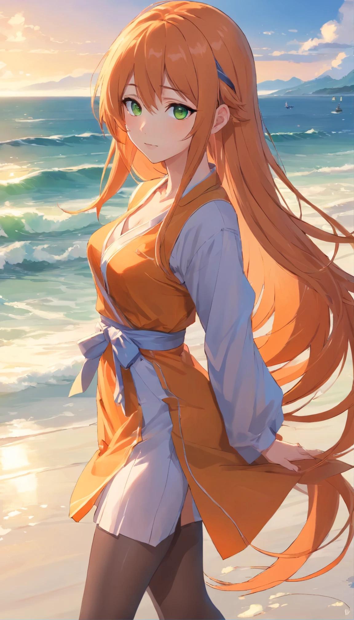 anime girl with long orange hair standing on beach near ocean, green eyes detailed digital anime art,, anime girl with long hair, smooth anime cg art, anime girl with long hair, average breast size, digital anime art, artwork in the style of guweiz, beautiful anime portrait, photorealistic anime girl render, beautiful anime girl, advanced digital anime art, pantyhose, guweiz on artstation pixiv upscale HD UHD HQ
