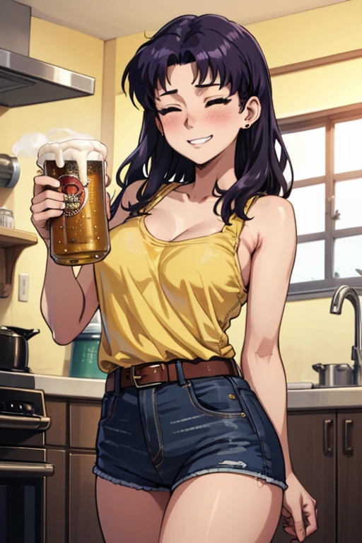 masterpiece, best quality, misato, black eyes, parted bangs, long hair, earrings, yellow tank top, belt, denim shorts, large breasts, cowboy shot, blush, closed eyes, grin, holding beer, kitchen