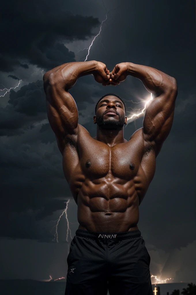 A muscular black man with large biceps and well-defined brachioradialis muscle, raising your hands towards the sky when lightning directly hits your hand. Art is created in a medium that exhibits the best quality and attention to detail, like a hyperrealistic painting or a high-resolution photograph. The image is ultra-detailed, capturing every tendon and contour of the man&#39;s muscles, focusing on realism and photorealistic rendering. The colors are vivid, with a strong emphasis on contrasting tones and vibrant hues to enhance the intensity of the scene. The lighting is dramatic, with a spotlight illuminating the man and casting deep shadows, increasing the feeling of power and energy.