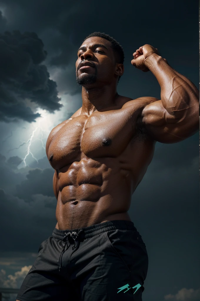 A muscular black man with large biceps and well-defined brachioradialis muscle, raising your hands towards the sky when lightning directly hits your hand. Art is created in a medium that exhibits the best quality and attention to detail, like a hyperrealistic painting or a high-resolution photograph. The image is ultra-detailed, capturing every tendon and contour of the man&#39;s muscles, focusing on realism and photorealistic rendering. The colors are vivid, with a strong emphasis on contrasting tones and vibrant hues to enhance the intensity of the scene. The lighting is dramatic, with a spotlight illuminating the man and casting deep shadows, increasing the feeling of power and energy.