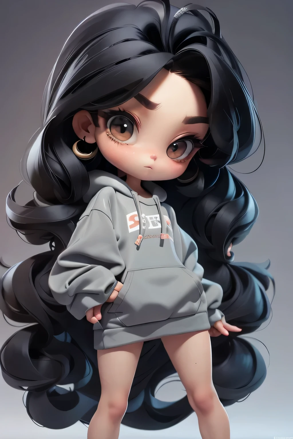 Masterpiece, Best quality, 8K, Cinematic light, Ultra-high resolution, tchibi, 1girll,full bodyesbian, extra very long hair，black hair，boxer，grey sweatshirt